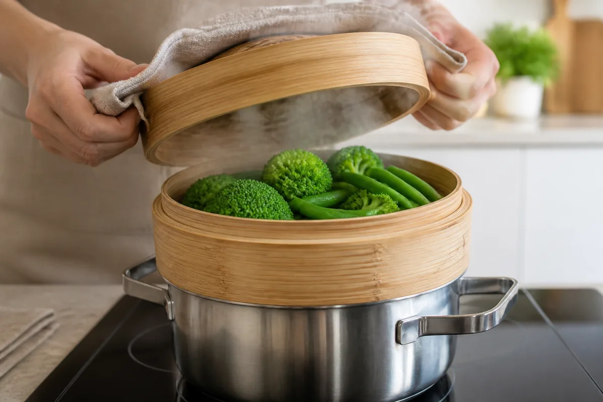 Panier vapeur en bambou posé sur une casserole, brocolis et haricots verts encore fermes