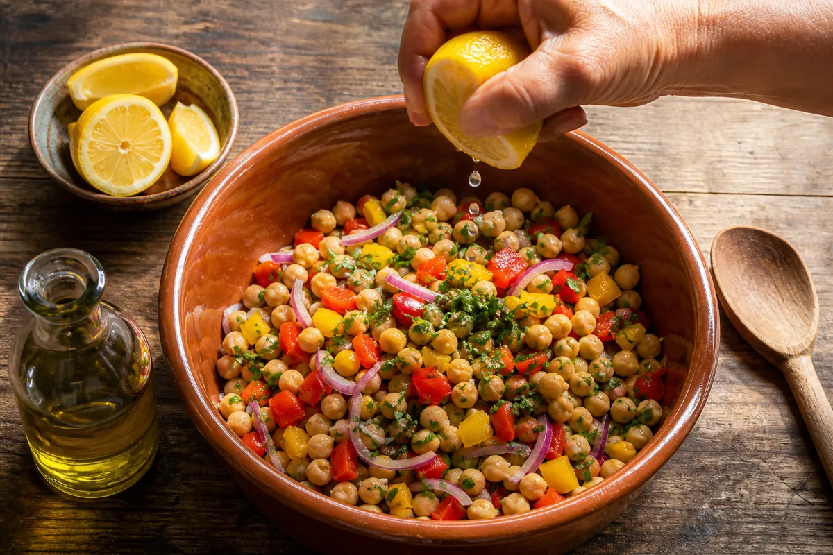 Salade de pois chiches et poivrons crus arrosée de jus de citron dans un saladier en terre