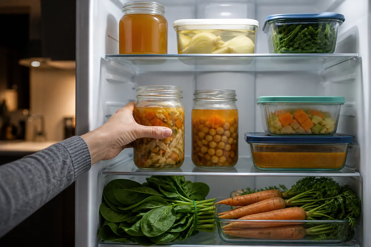 Épinards frais et bocaux de légumes rangés dans un réfrigérateur bien ordonné, lumière douce