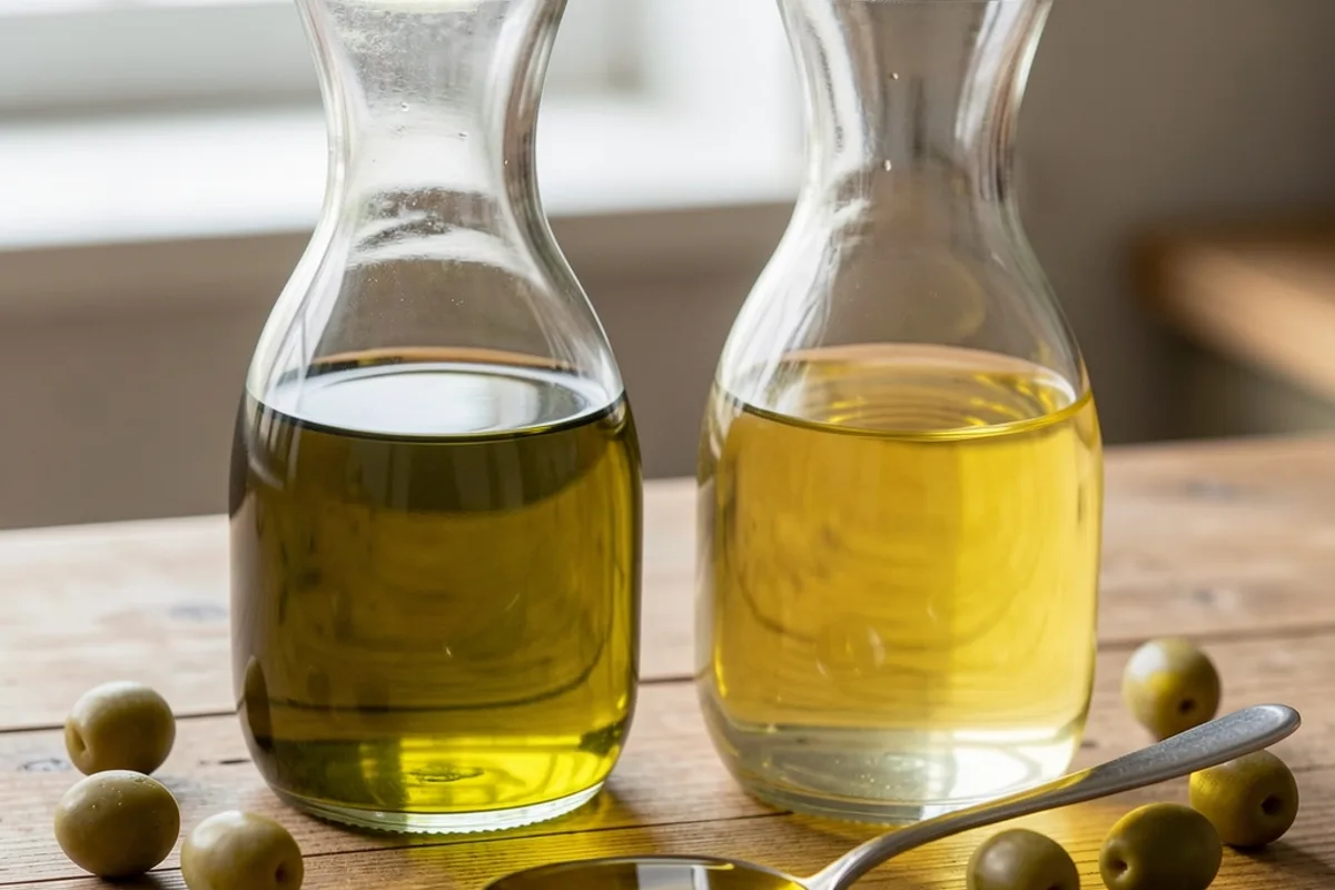 Deux carafes en verre uni côte à côte, une huile vert doré et une huile plus claire, sur un plan de travail en bois