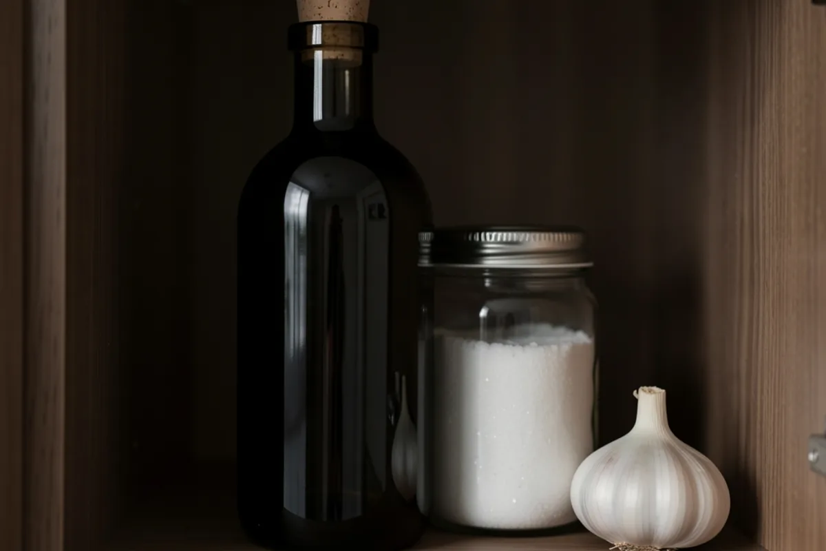Bouteille en verre foncé rangée dans un placard sombre, à côté d’un bocal de gros sel et d’une tête d’ail
