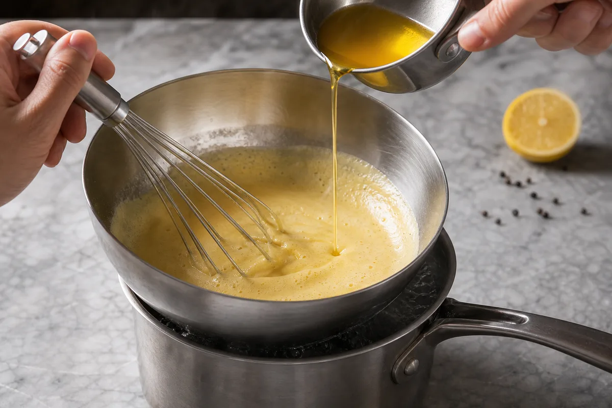 Sabayon mousseux fouetté au bain-marie, beurre clarifié versé en filet