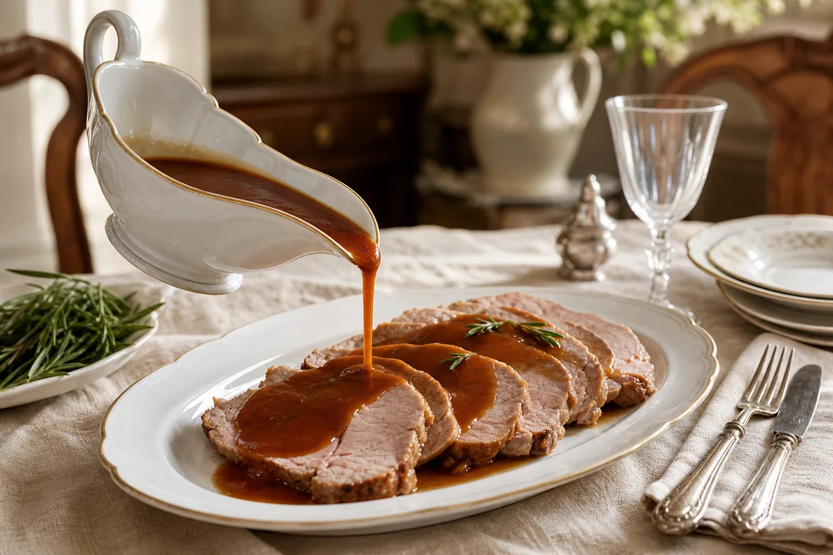 Saucière blanche remplie de sauce brune nappante à côté d’un rôti tranché