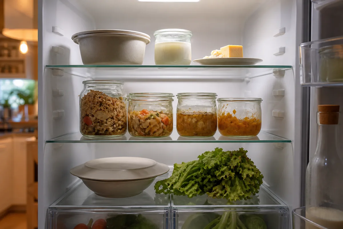 Frigo ouvert avec des restes rangés en bocaux transparents et légumes défraîchis