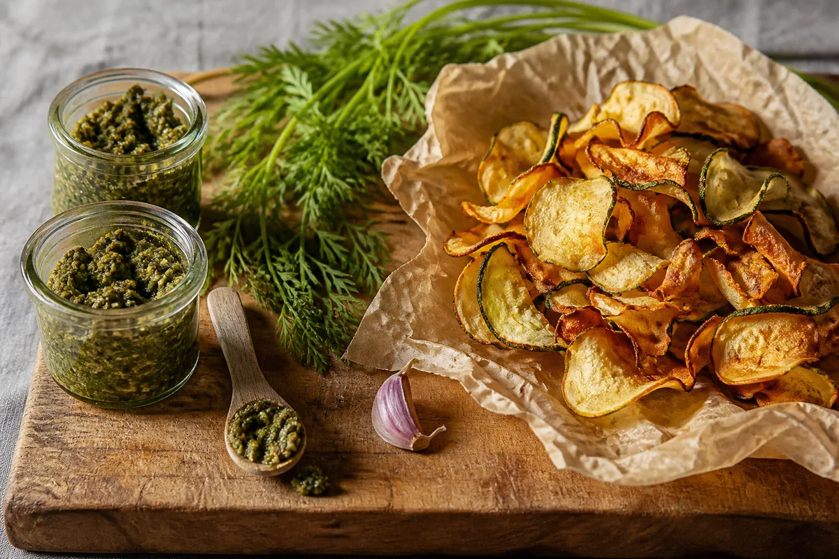 Bocaux de pesto de fanes et chips d’épluchures dorées sur une planche en bois
