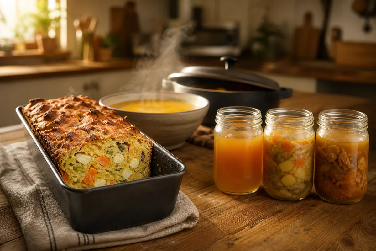Plan de travail avec cake salé aux restes, soupe et bocaux étiquetés
