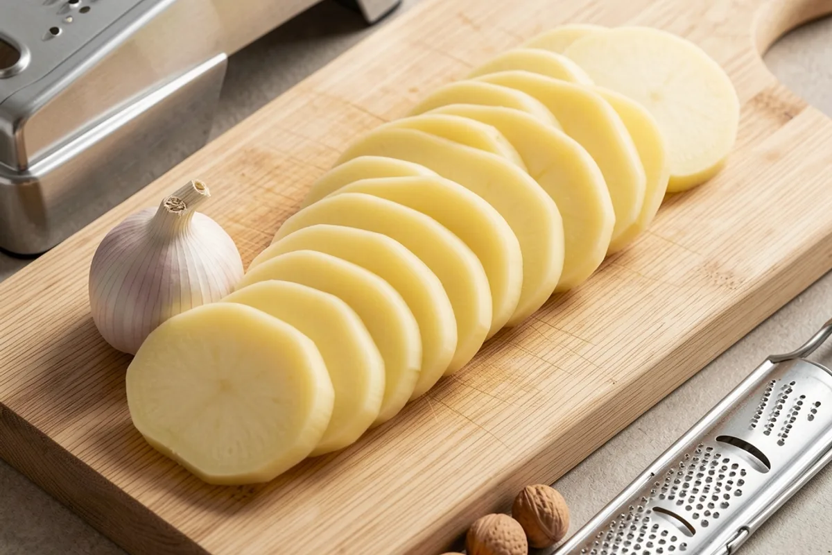 Fines tranches de pommes de terre à chair ferme sur une planche en bois, gousse d’ail et noix de muscade