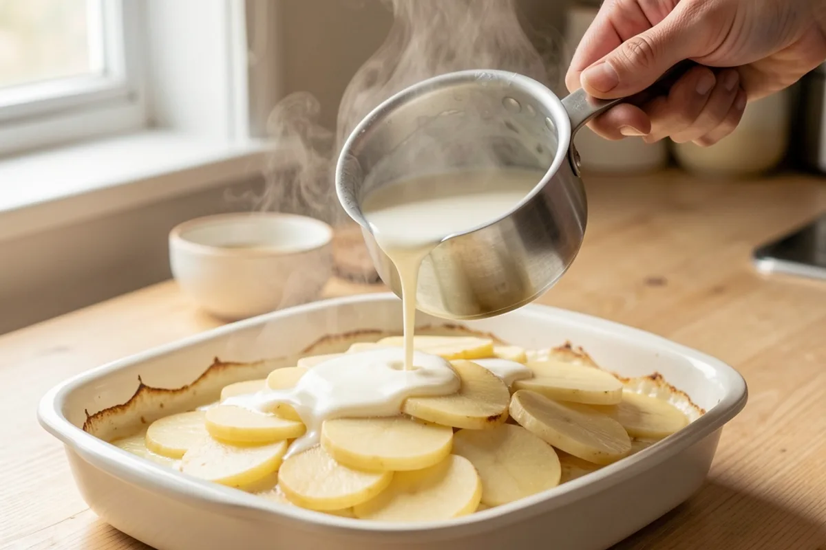 Mains versant le mélange chaud de lait et de crème sur les tranches rangées dans le plat beurré
