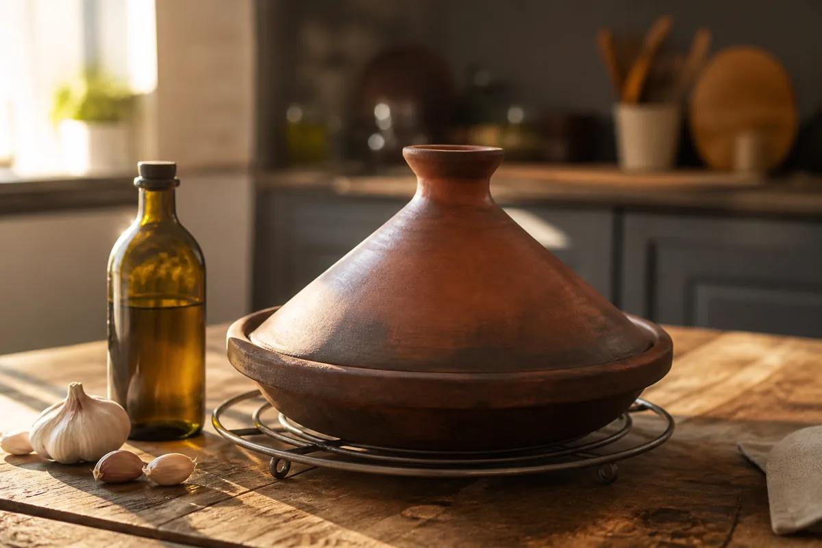 Plat à tajine en terre cuite au couvercle conique posé sur une table de cuisine