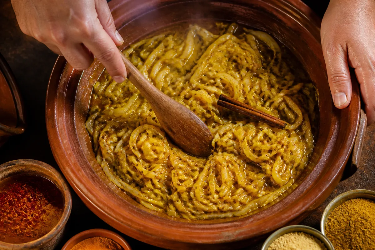 Oignons émincés et épices moulues qui blondissent dans l&rsquo;huile d&rsquo;olive au fond d&rsquo;un plat en terre