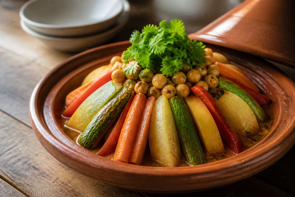 Tajine de légumes disposés en dôme autour de pois chiches dans un plat en terre
